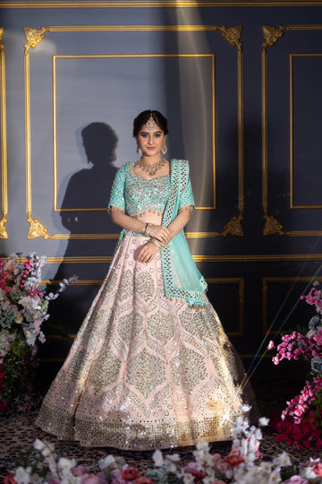 Blush Pink & Turquoise Contrast Mirror Work Bridal Lehenga