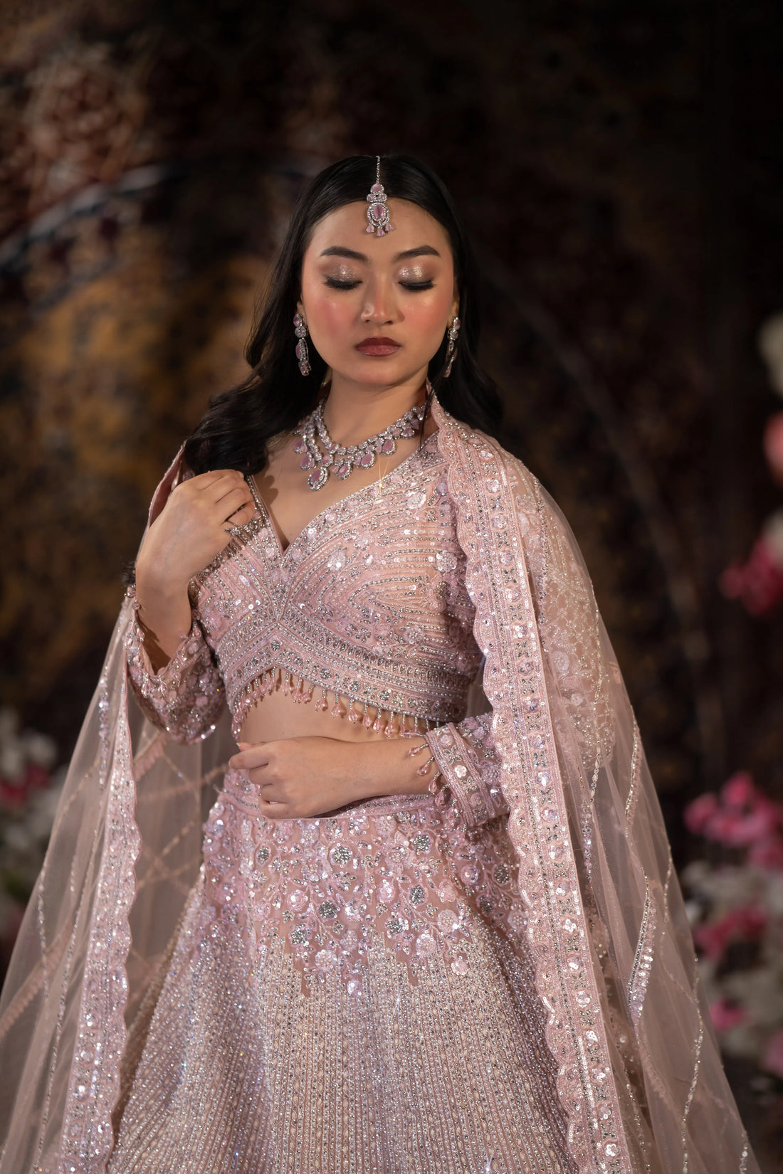 Blush Pink Crystal & Sequin Embroidered Lehenga Set
