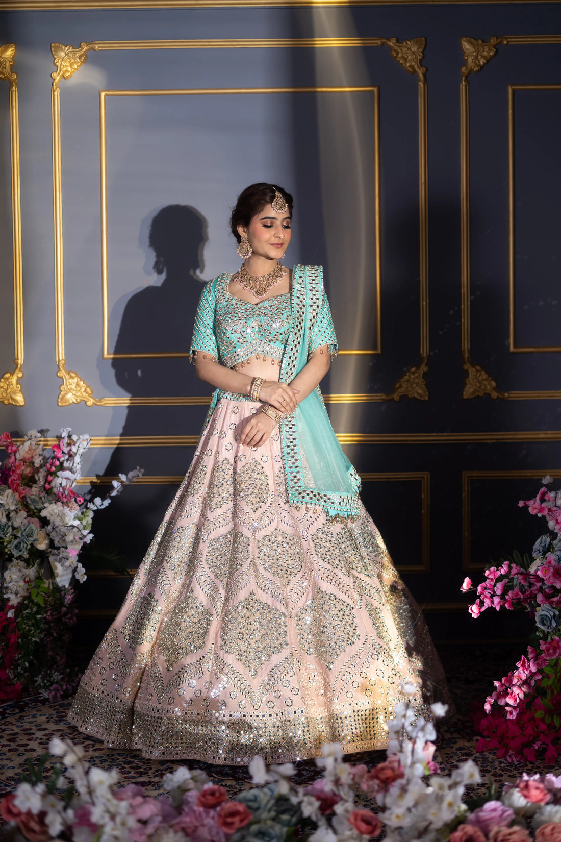 Blush Pink & Turquoise Contrast Mirror Work Bridal Lehenga