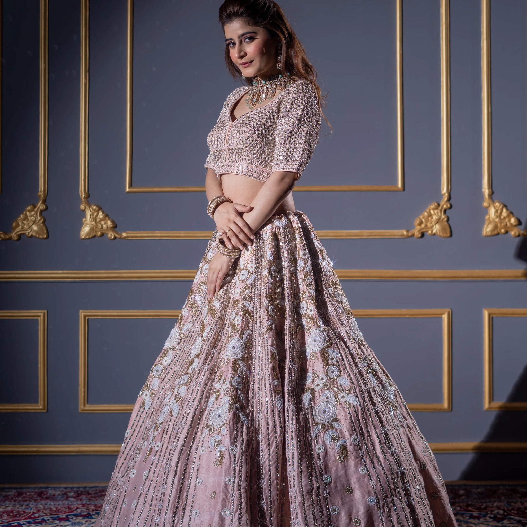 Dusty Pink Sequin & Floral Embroidered Bridal Lehenga