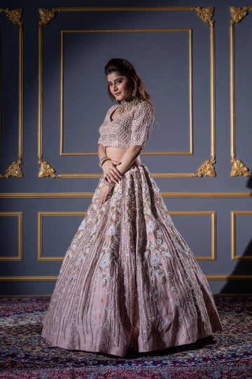Dusty Pink Sequin & Floral Embroidered Bridal Lehenga
