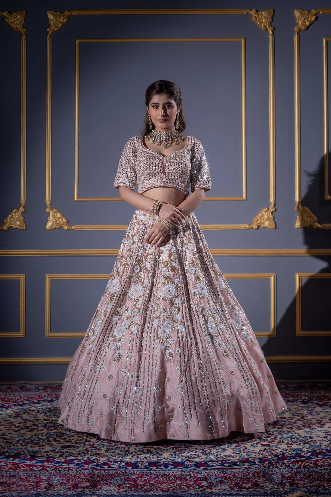 Dusty Pink Sequin & Floral Embroidered Bridal Lehenga