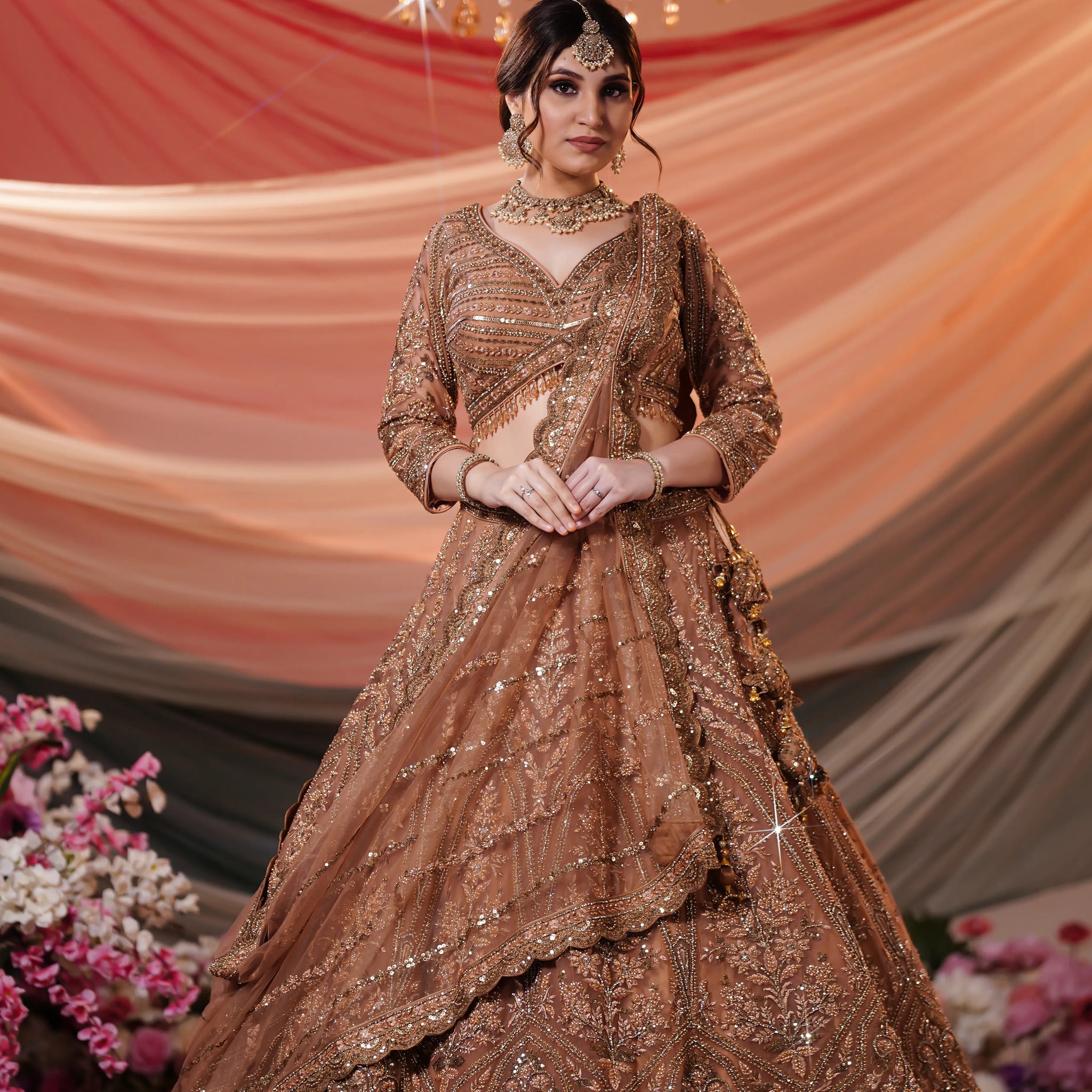 Antique Bronze Gold Zardosi & Sequin Embroidered Lehenga Set