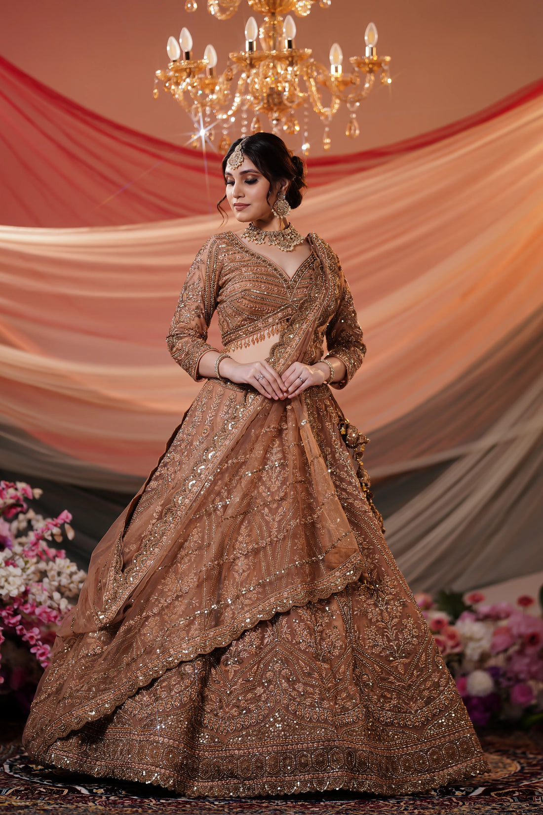 Antique Bronze Gold Zardosi & Sequin Embroidered Lehenga Set