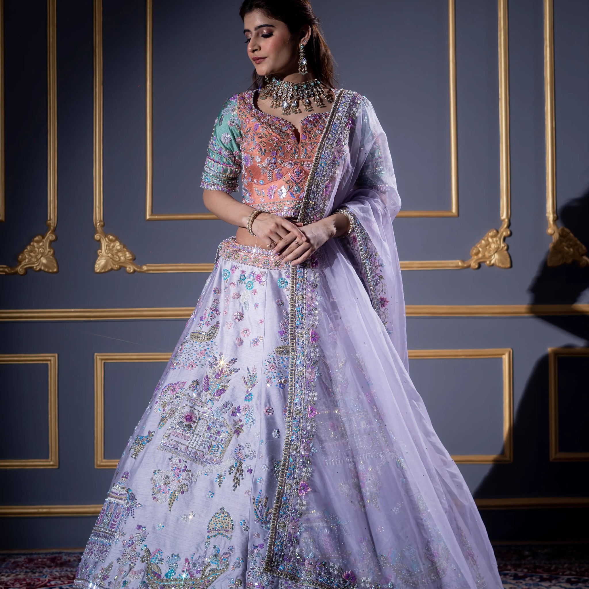 Lilac Lavender & Peach Scenic Embroidered Bridal Lehenga