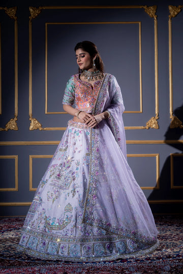 Lilac Lavender & Peach Scenic Embroidered Bridal Lehenga