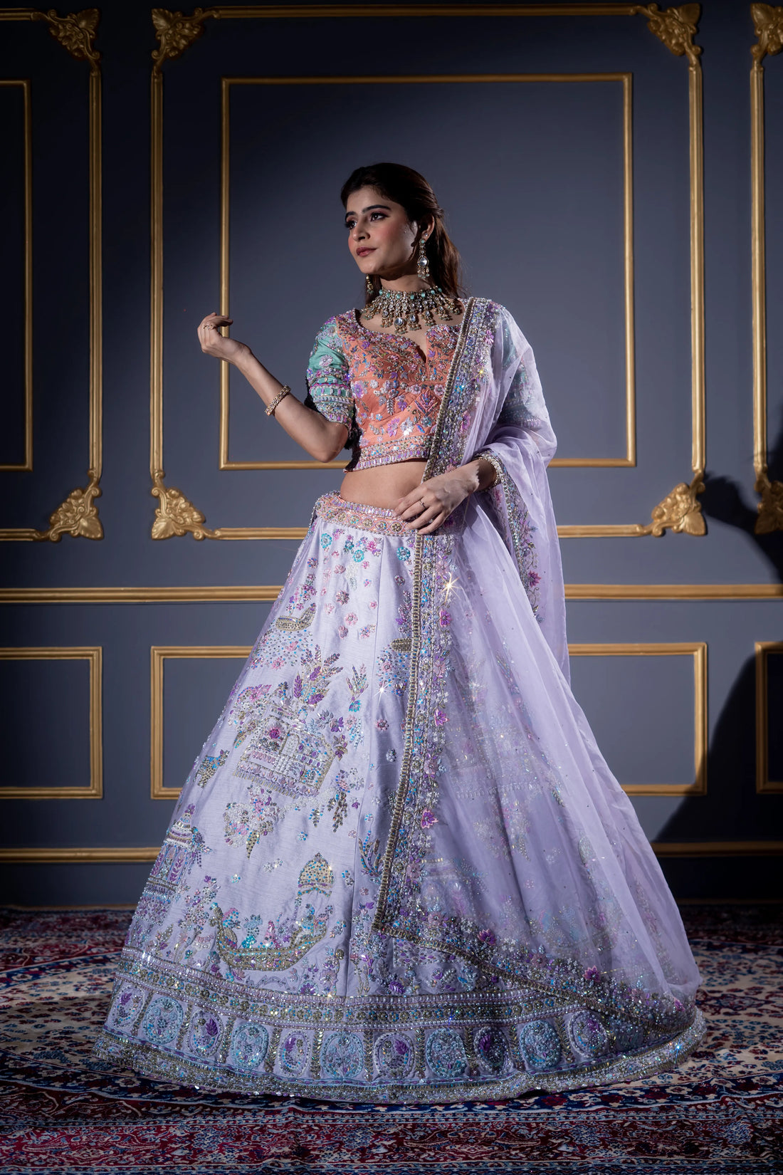 Lilac Lavender & Peach Scenic Embroidered Bridal Lehenga