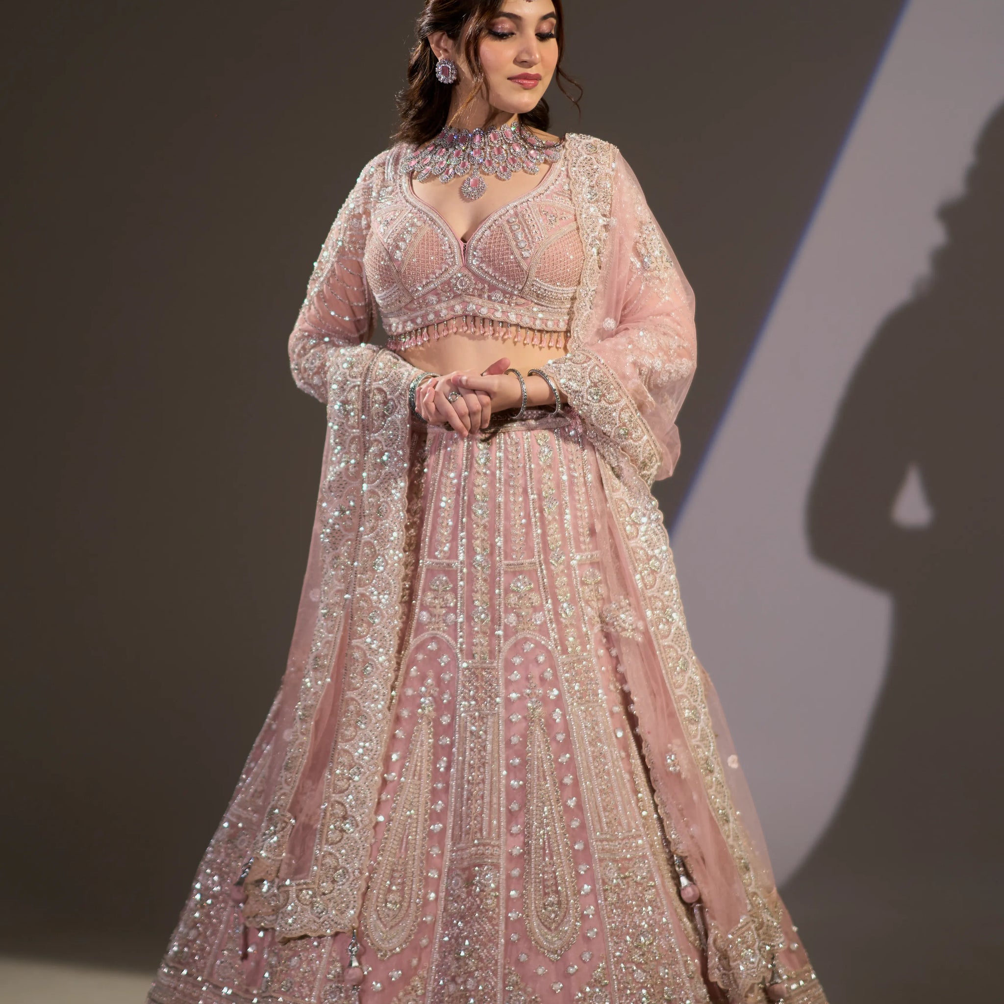 Pastel Pink Crystal & Silver Zari Embroidered Lehenga Set