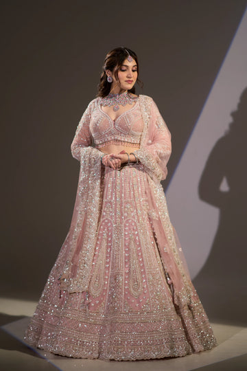 Pastel Pink Crystal & Silver Zari Embroidered Lehenga Set