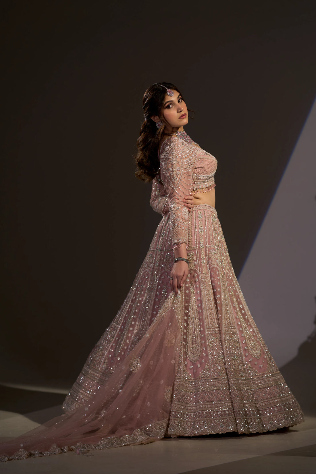 Pastel Pink Crystal & Silver Zari Embroidered Lehenga Set
