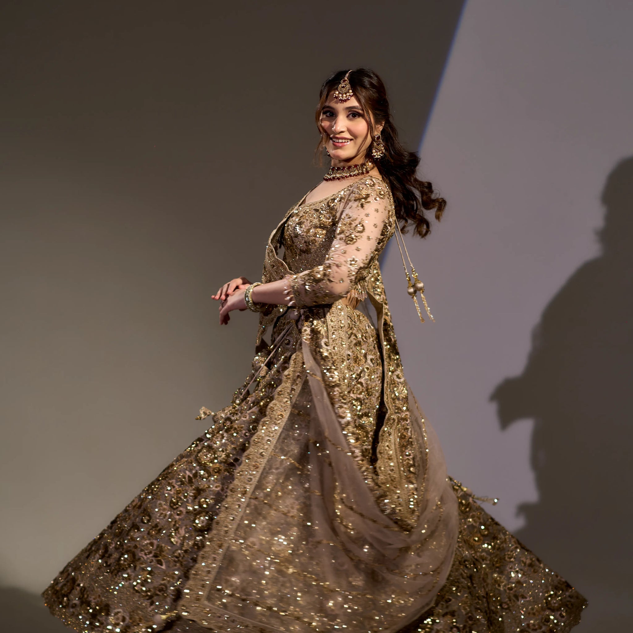 Antique Champagne Gold Sequin & Cutdana Embellished Lehenga Set