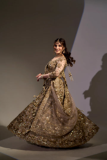 Antique Champagne Gold Sequin & Cutdana Embellished Lehenga Set