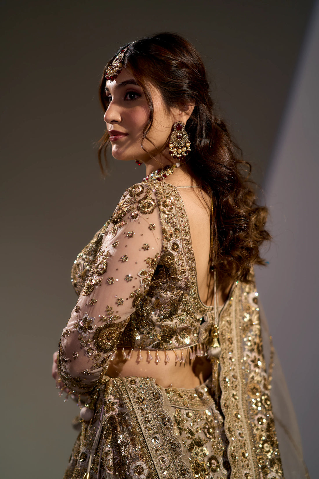 Antique Champagne Gold Sequin & Cutdana Embellished Lehenga Set