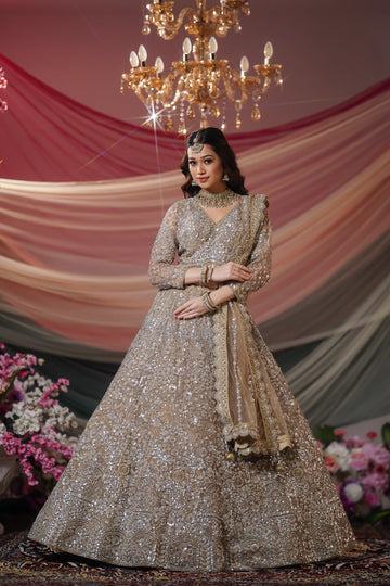 Platinum Silver Heavy Sequin & Crystal Embroidered Lehenga Set