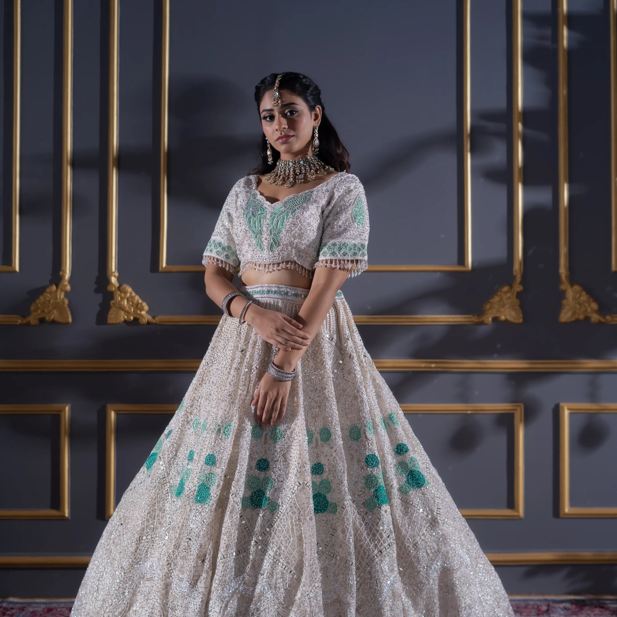 Ivory White & Mint Green Sequin Embroidered Bridal Lehenga