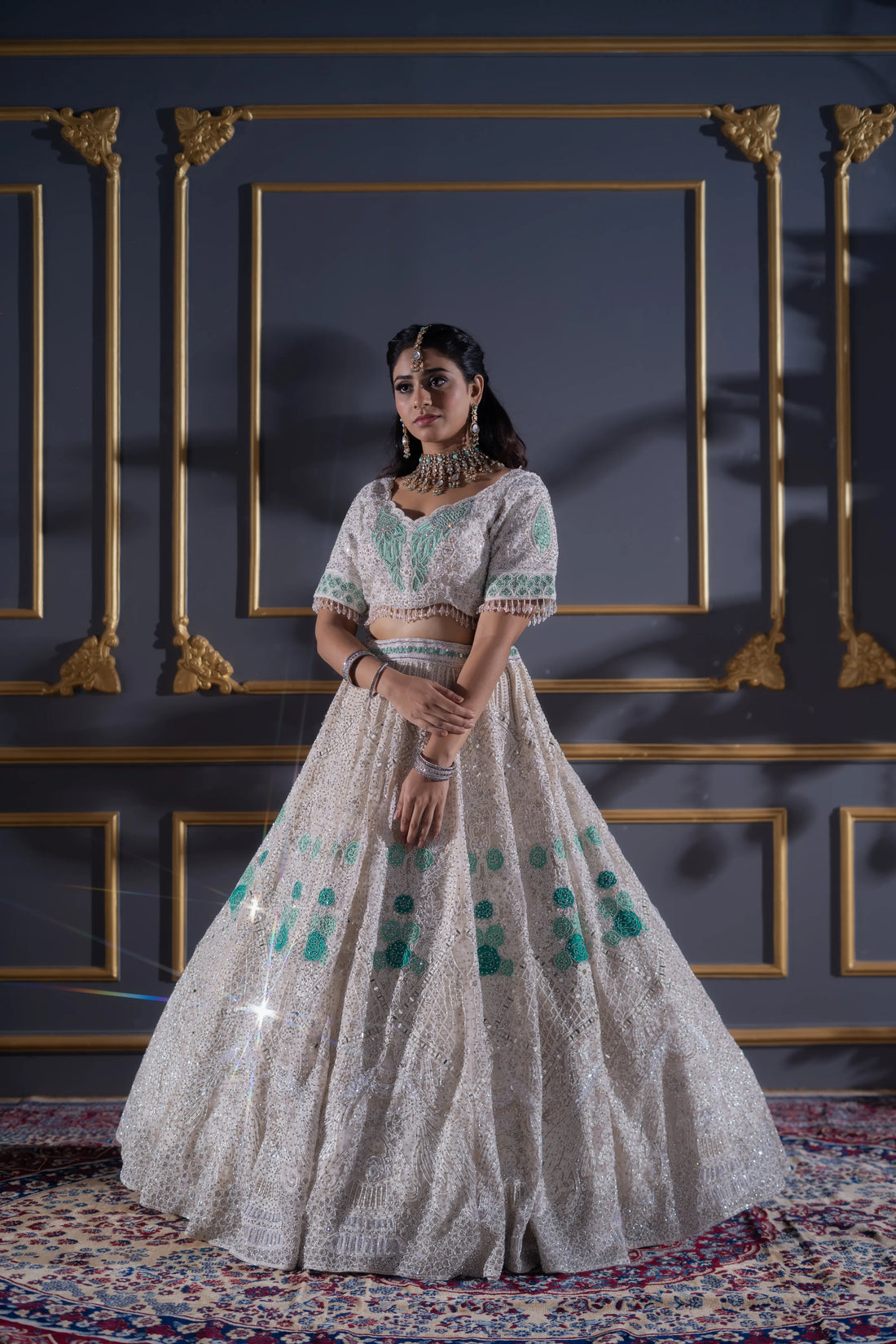 Ivory White & Mint Green Sequin Embroidered Bridal Lehenga