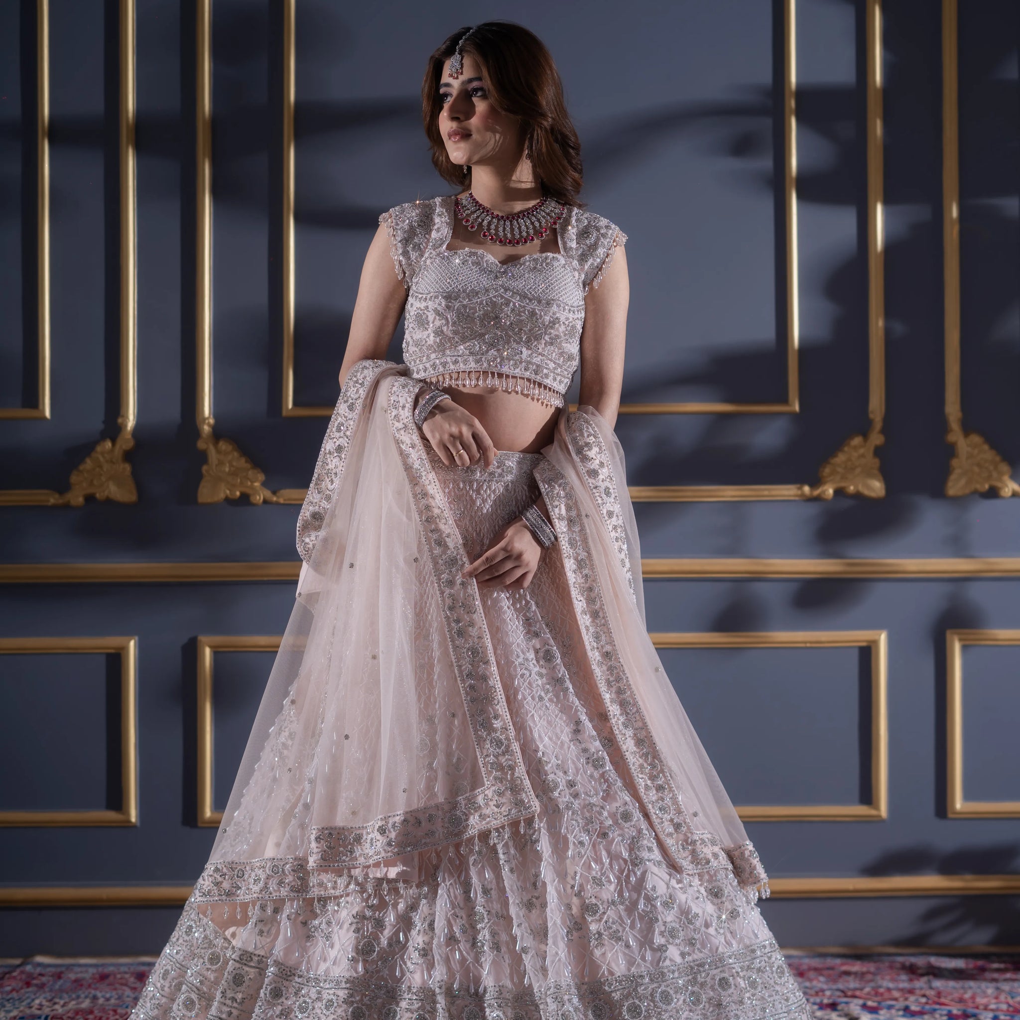 Blush Pink Silver Embroidered Crystal Bridal Lehenga