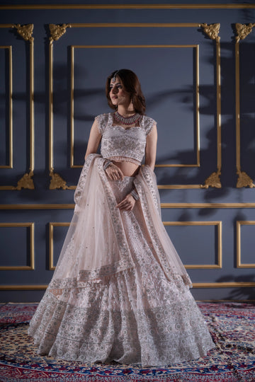 Blush Pink Silver Embroidered Crystal Bridal Lehenga