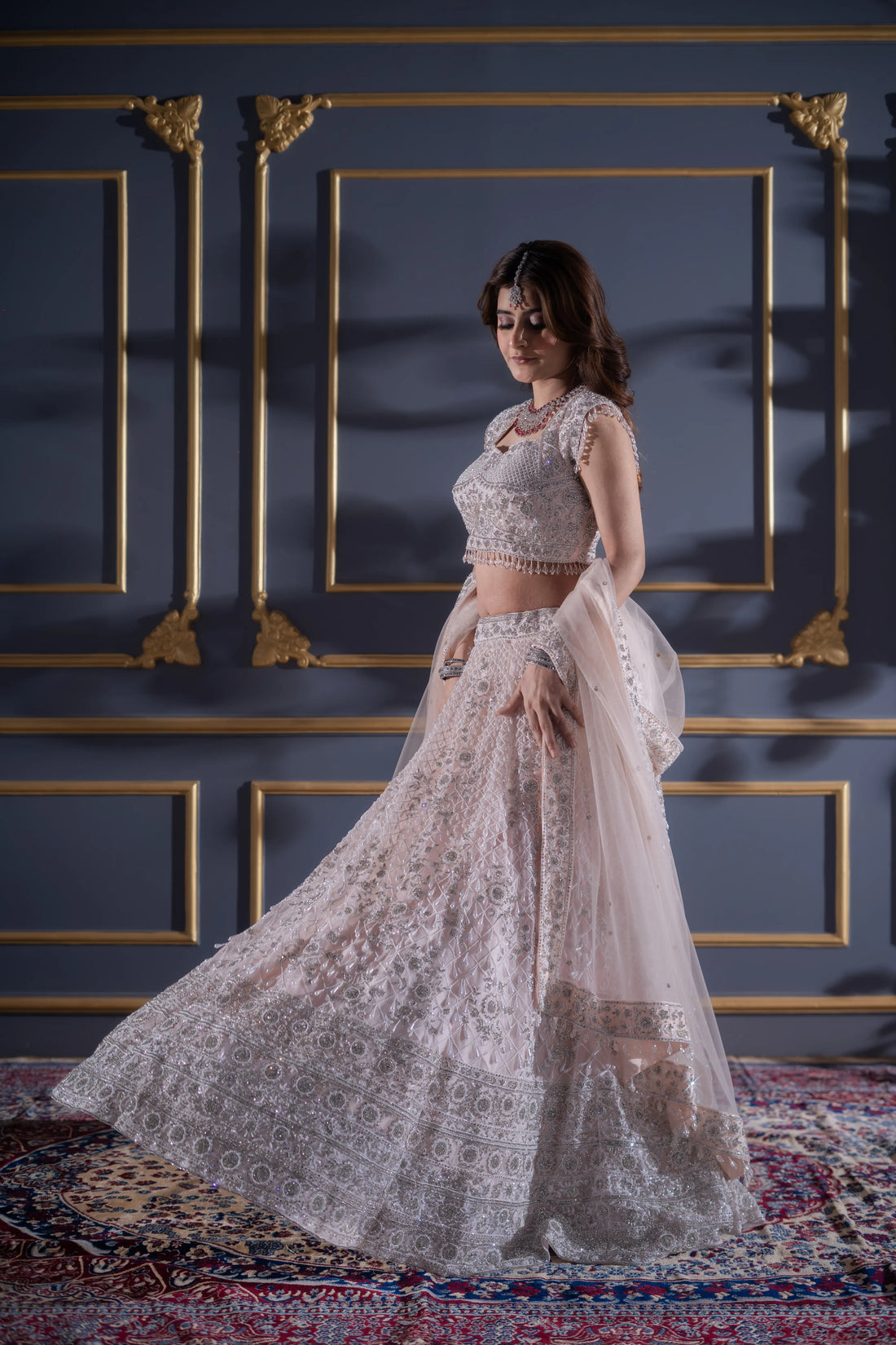 Blush Pink Silver Embroidered Crystal Bridal Lehenga