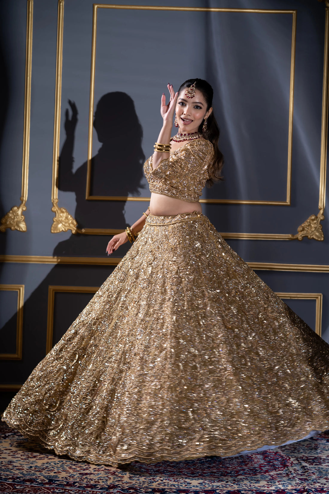 Antique Gold Heavy Zardosi Embroidered Bridal Lehenga