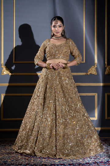 Antique Gold Heavy Zardosi Embroidered Bridal Lehenga