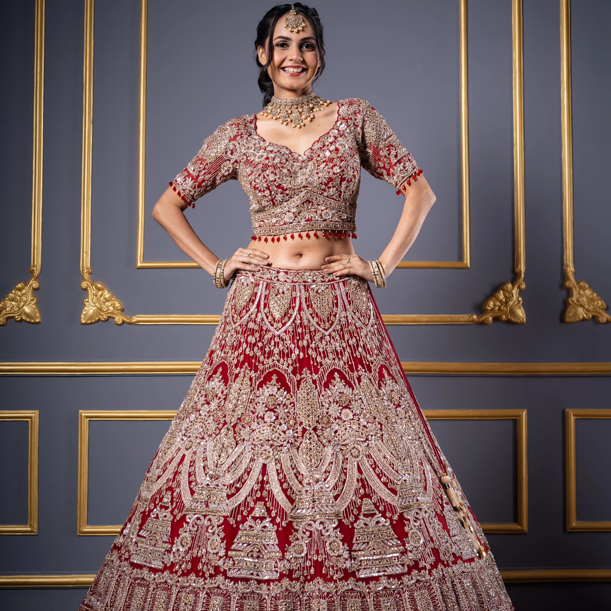 Crimson Red Silver Zardosi & Crystal Bridal Lehenga
