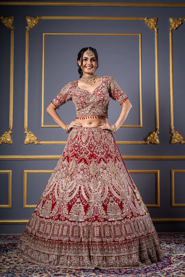 Crimson Red Silver Zardosi & Crystal Bridal Lehenga