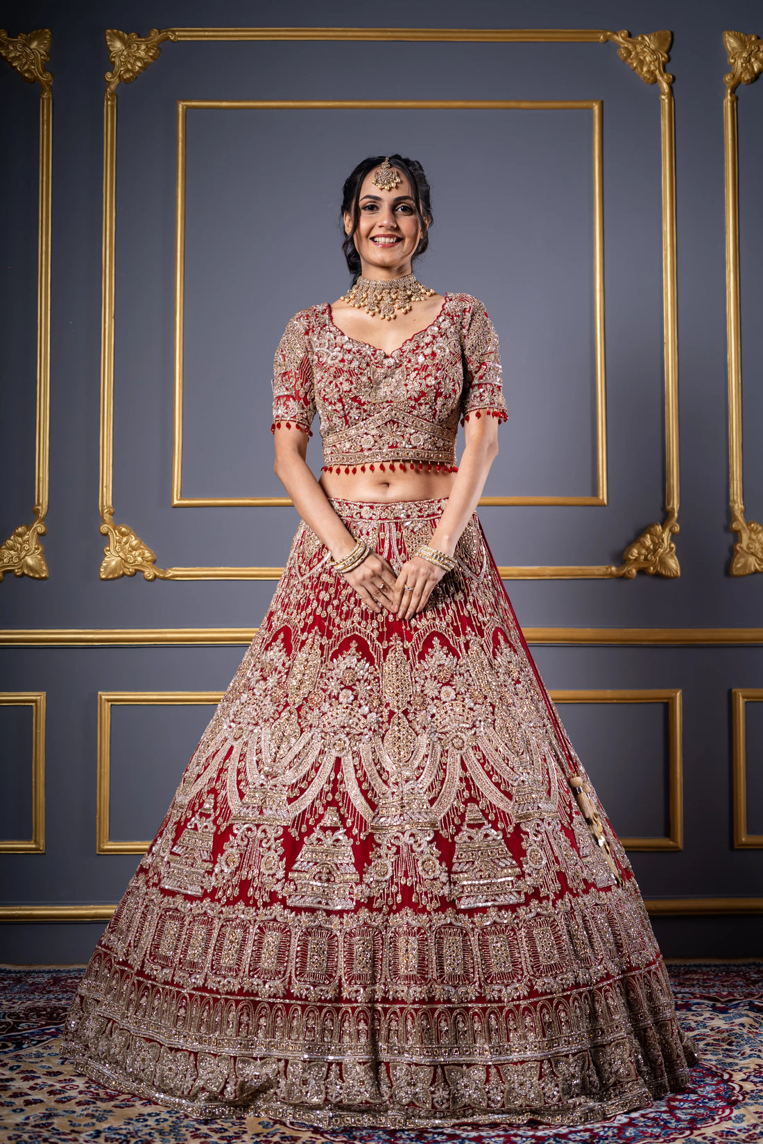 Crimson Red Silver Zardosi & Crystal Bridal Lehenga