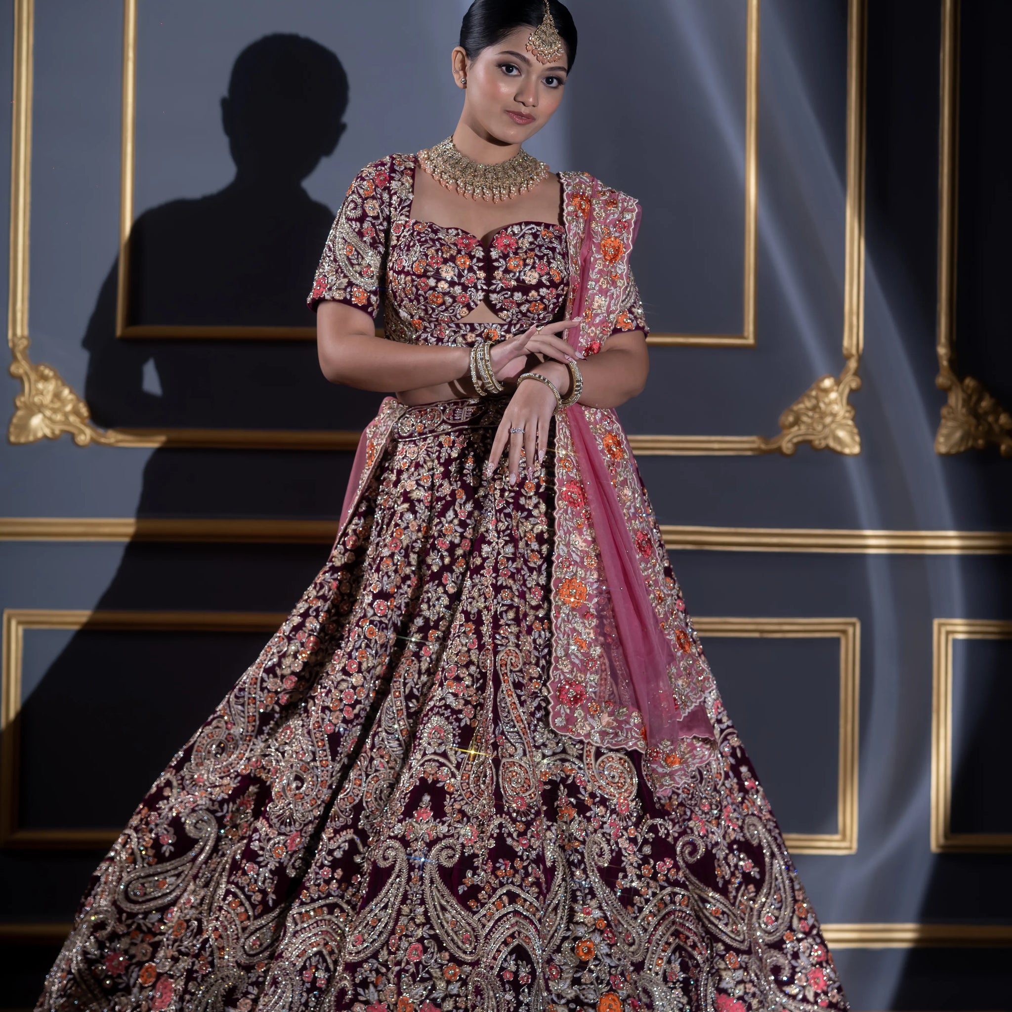 Regal Burgundy Floral Embroidered Bridal Lehenga