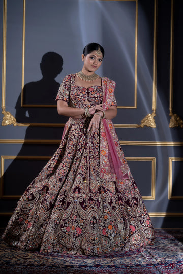 Regal Burgundy Floral Embroidered Bridal Lehenga