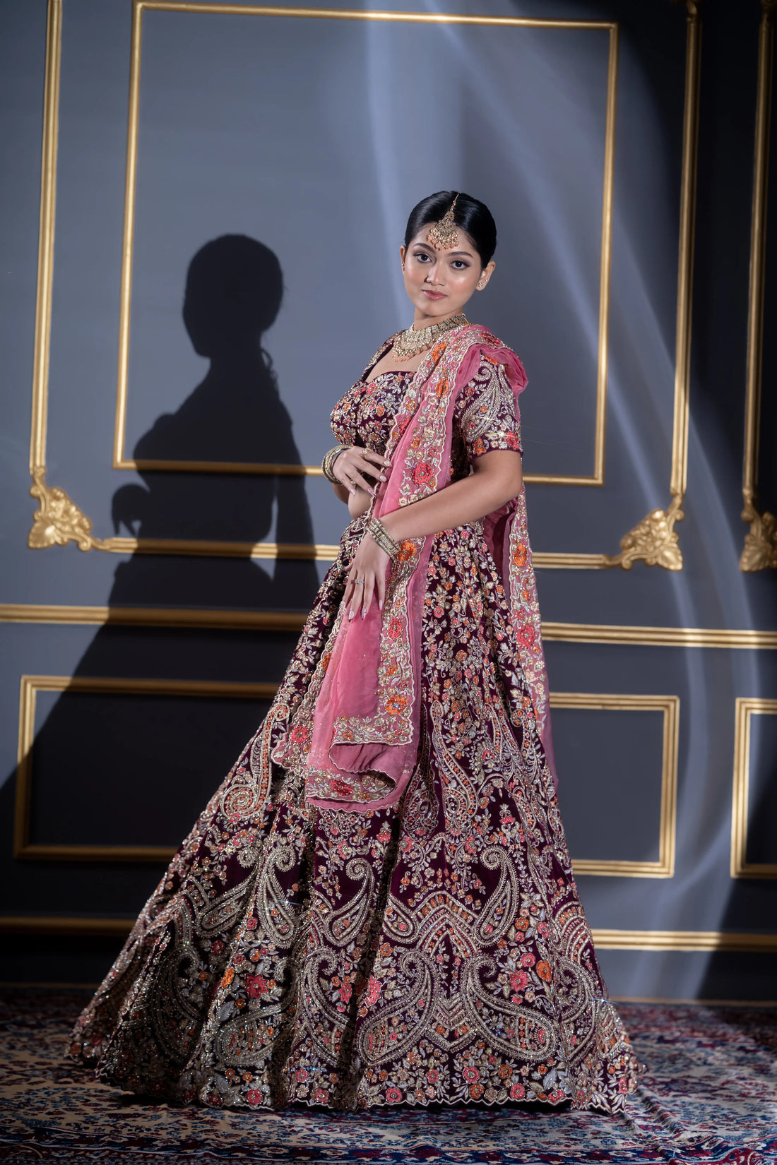 Deep Wine Velvet Paisley & Floral Embroidered Bridal Lehenga