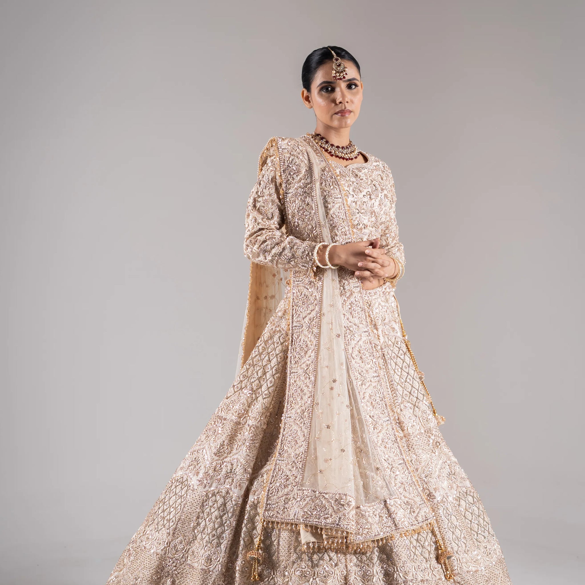 Champagne Ivory Geometric Zardosi Embroidered Bridal Lehenga