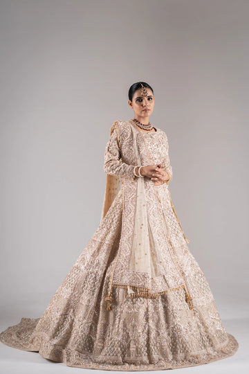 Champagne Ivory Geometric Zardosi Embroidered Bridal Lehenga