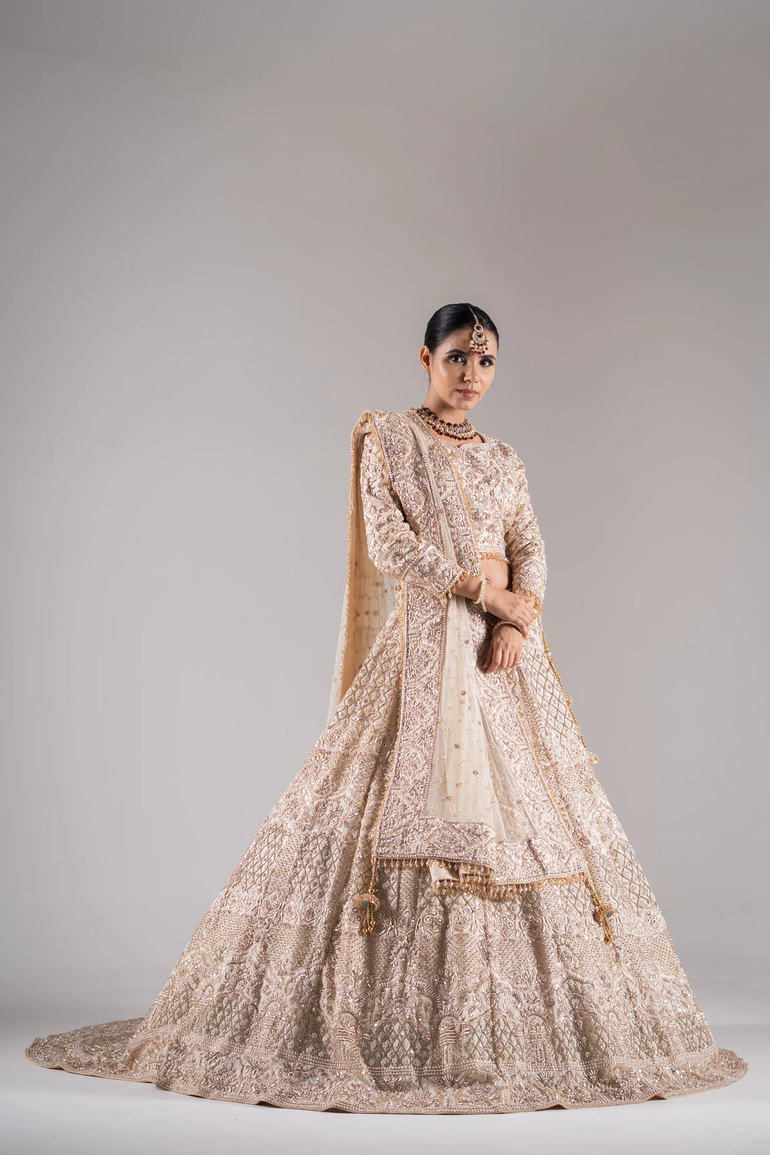 Champagne Ivory Geometric Zardosi Embroidered Bridal Lehenga