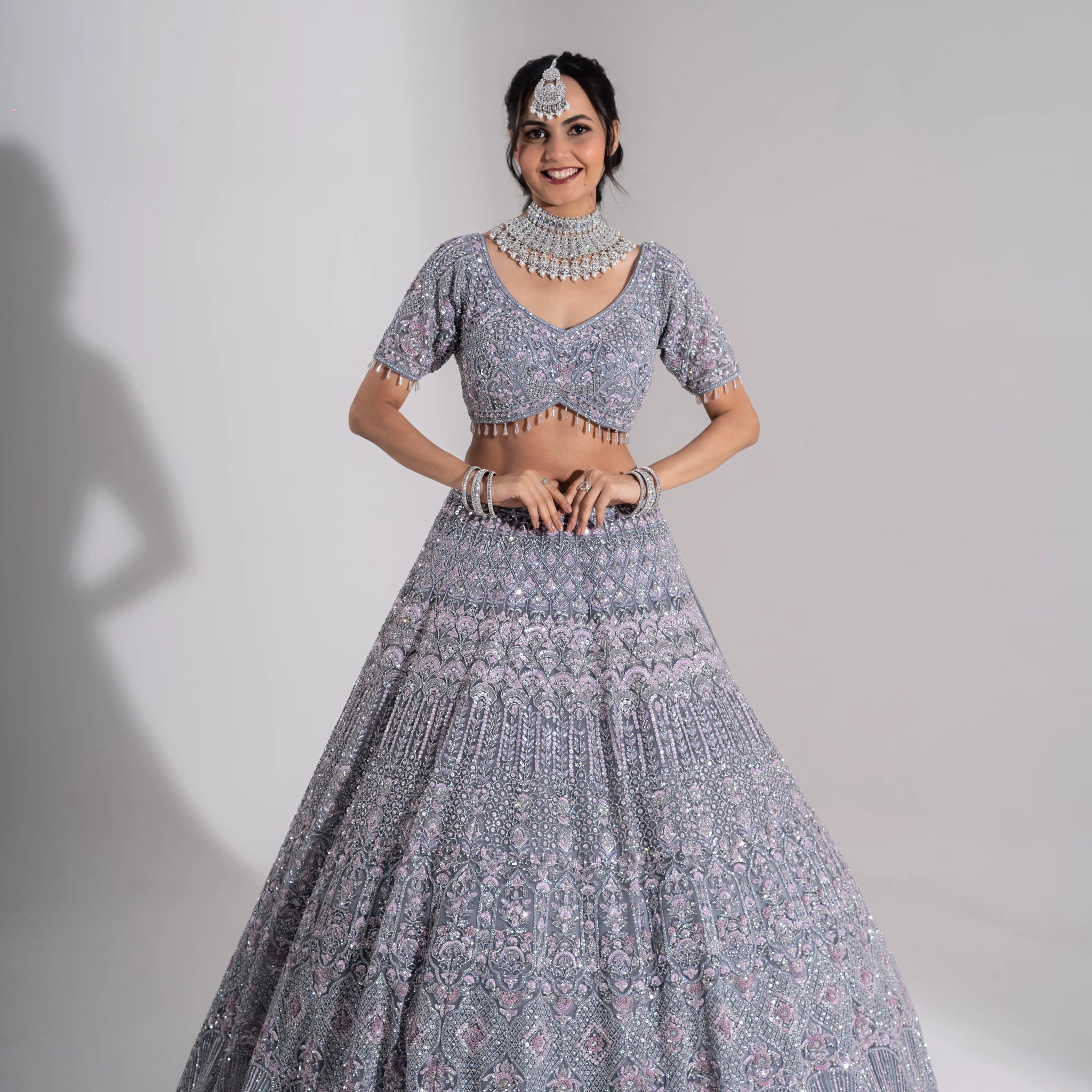 Steel Grey Silver & Pink Embroidered Crystal Bridal Lehenga