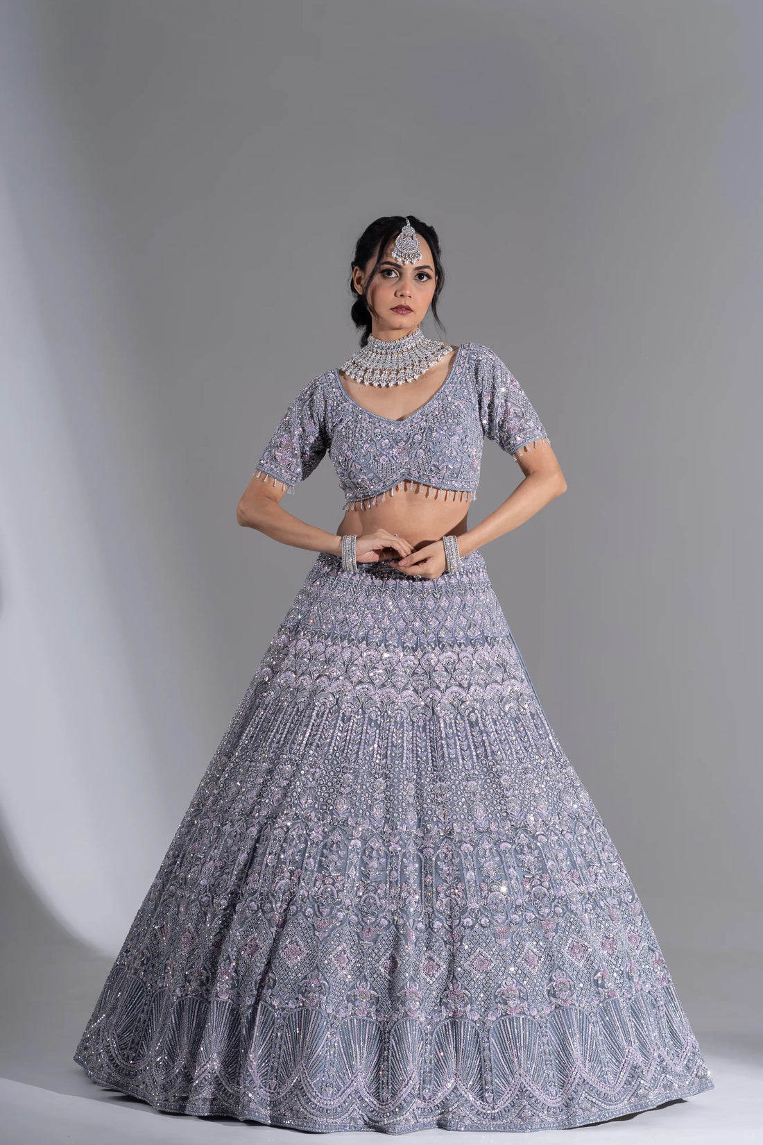 Steel Grey Silver & Pink Embroidered Crystal Bridal Lehenga
