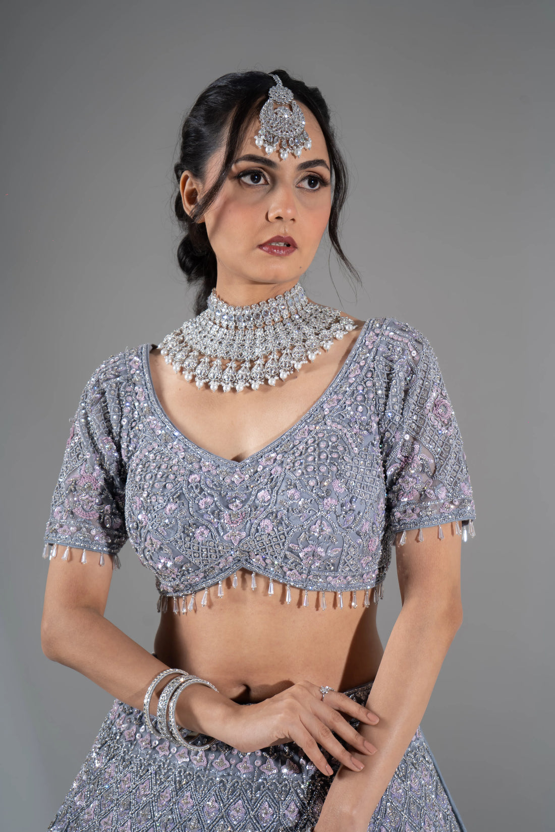 Steel Grey Silver & Pink Embroidered Crystal Bridal Lehenga