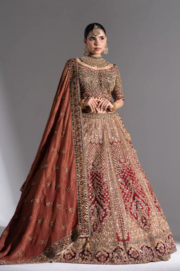 Rust Red & Antique Gold Heavy Zardosi Bridal Lehenga