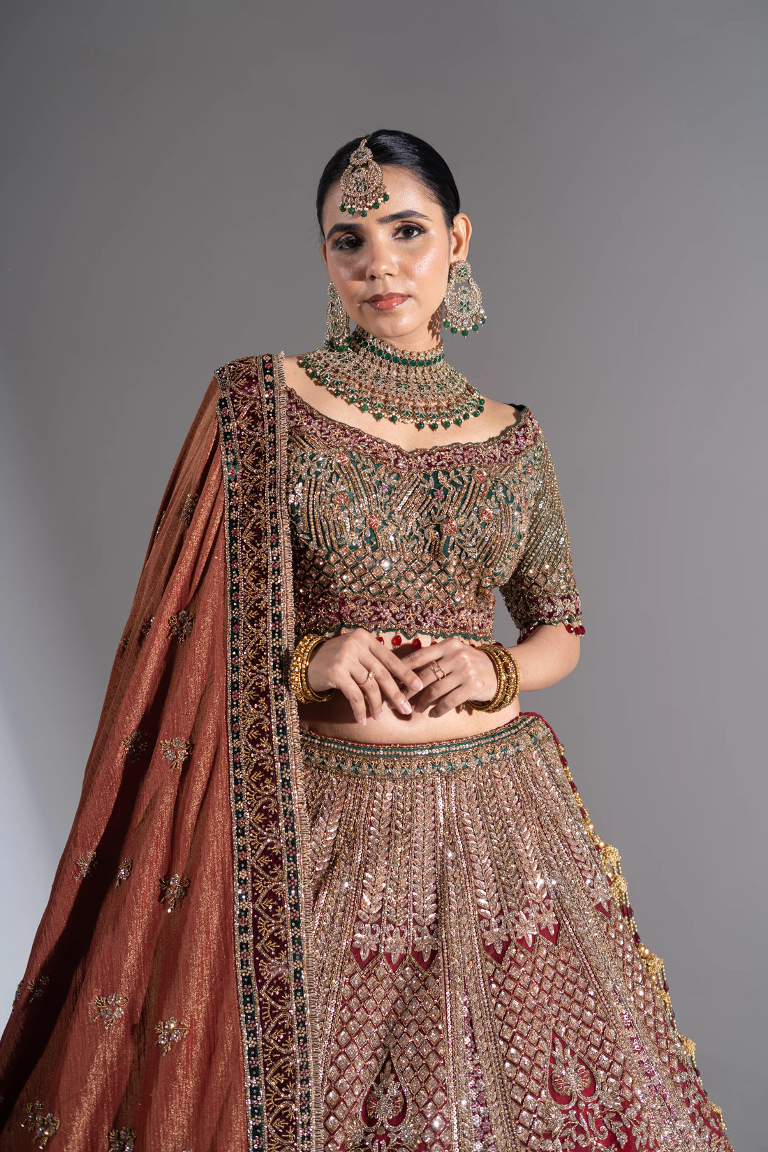 Rust Red & Antique Gold Heavy Zardosi Bridal Lehenga