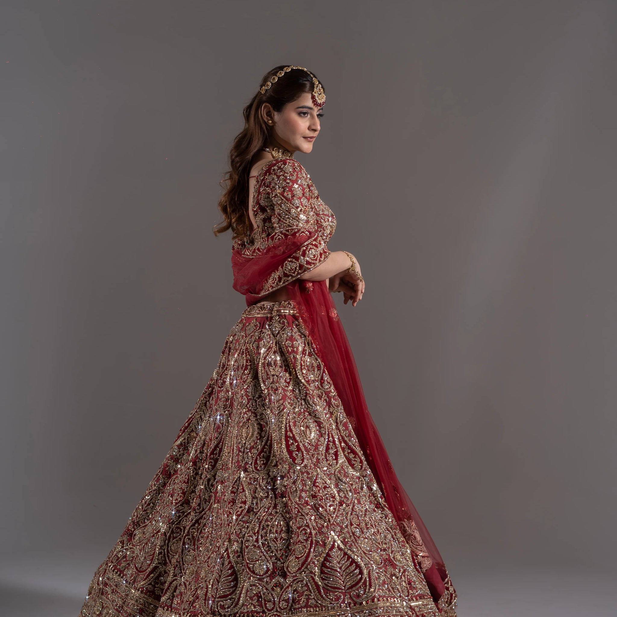 Deep Maroon Heavy Zardosi Paisley Bridal Lehenga