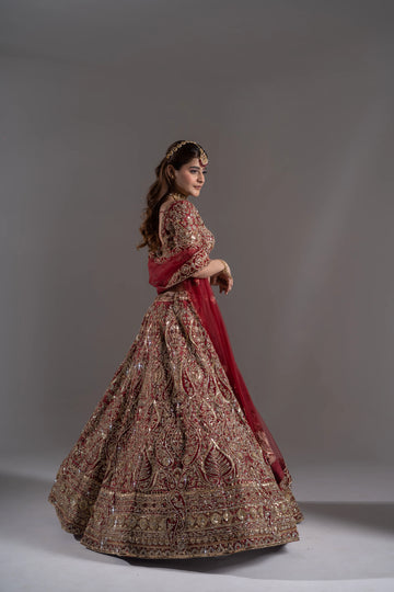 Deep Maroon Heavy Zardosi Paisley Bridal Lehenga