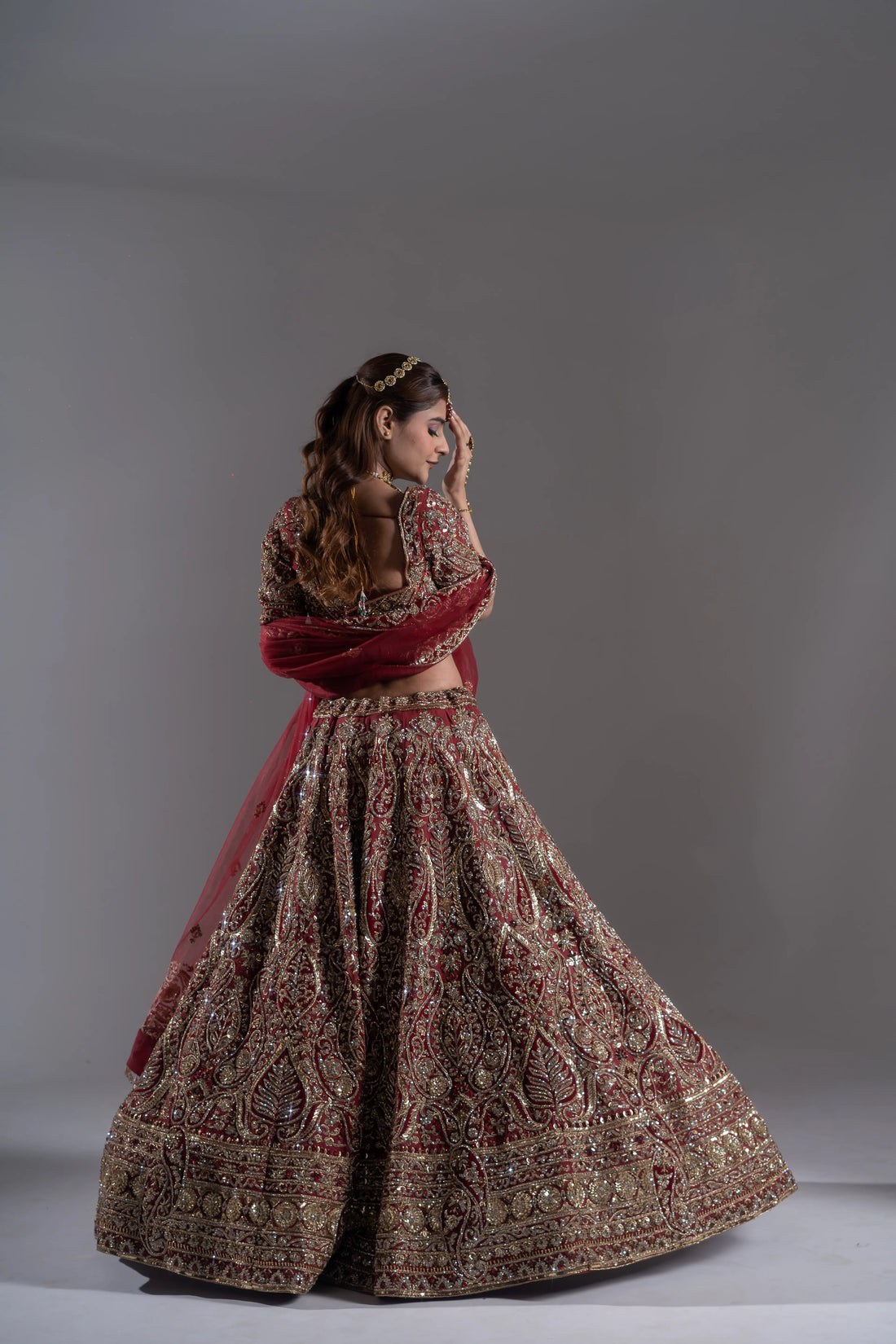 Deep Maroon Heavy Zardosi Paisley Bridal Lehenga