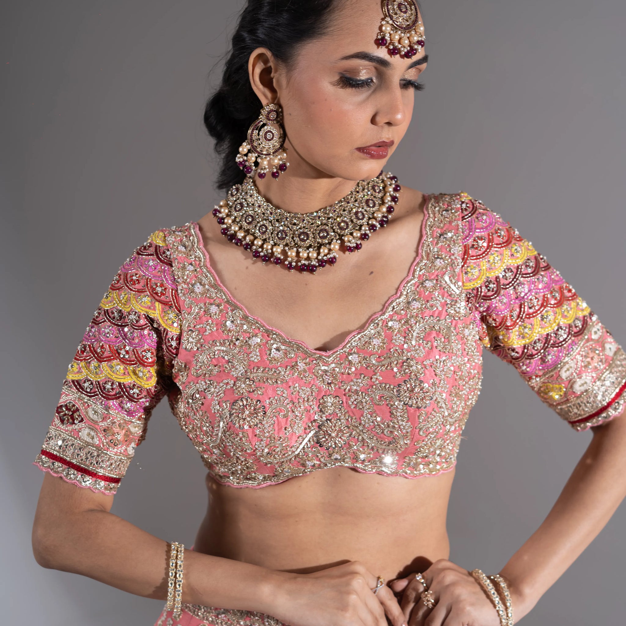 Candy Pink & Multi-Color Paisley Embroidered Bridal Lehenga