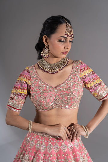 Candy Pink & Multi-Color Paisley Embroidered Bridal Lehenga