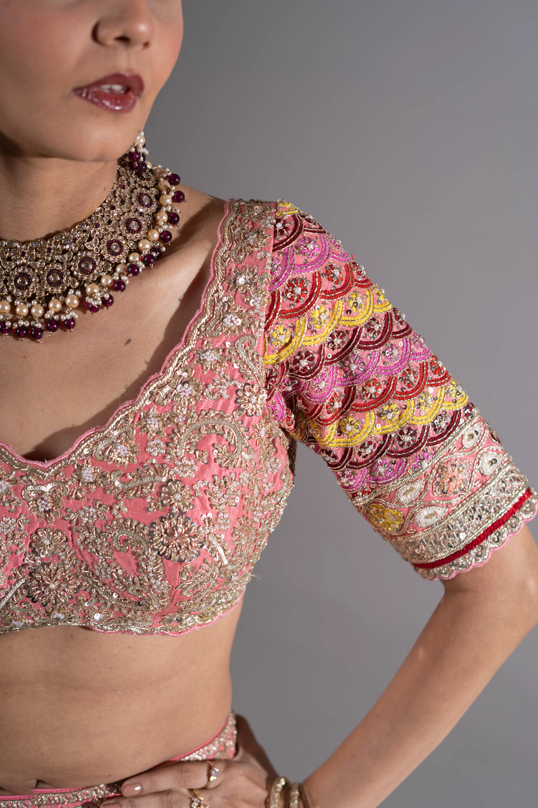Candy Pink & Multi-Color Paisley Embroidered Bridal Lehenga