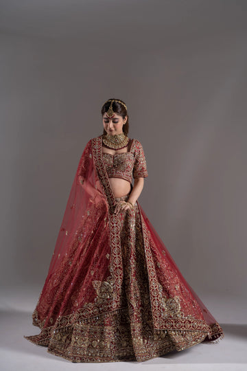 Maroon Majesty Emerald Embellished Bridal Lehenga Choli