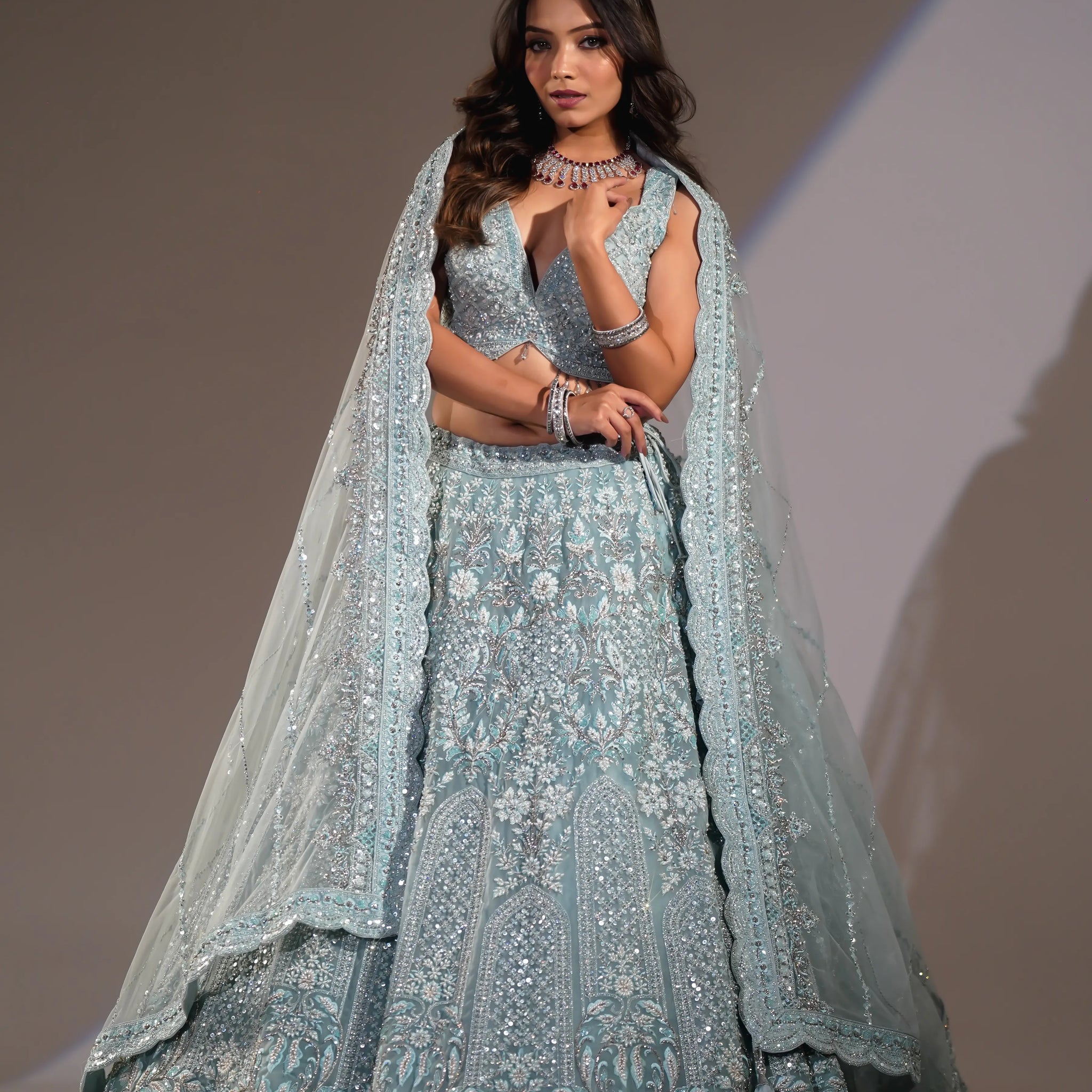 Ice Blue Crystal & Silver Zari Embroidered Lehenga Set