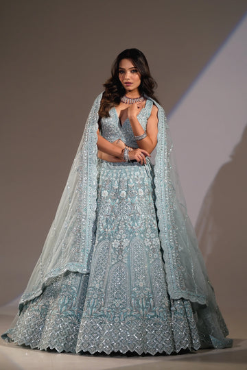 Ice Blue Crystal & Silver Zari Embroidered Lehenga Set