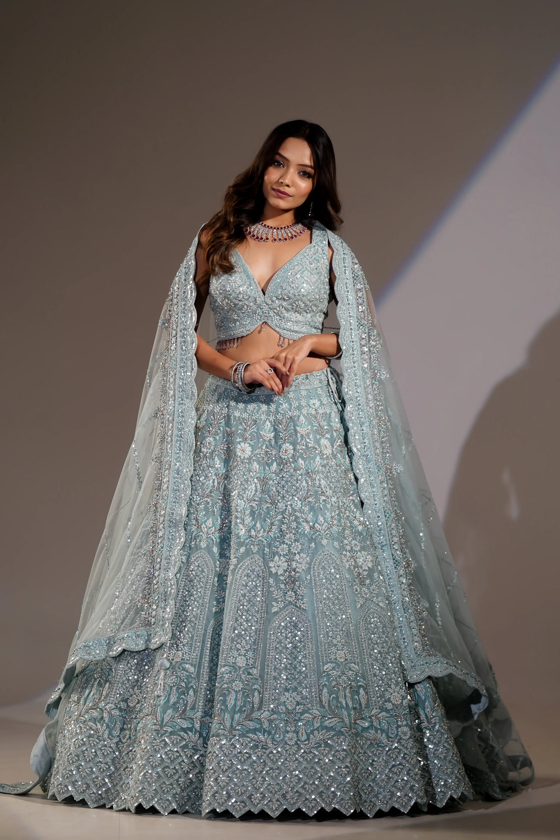 Ice Blue Crystal & Silver Zari Embroidered Lehenga Set