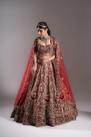 Deep Maroon Velvet Zardosi & Emerald Stone Bridal Lehenga
